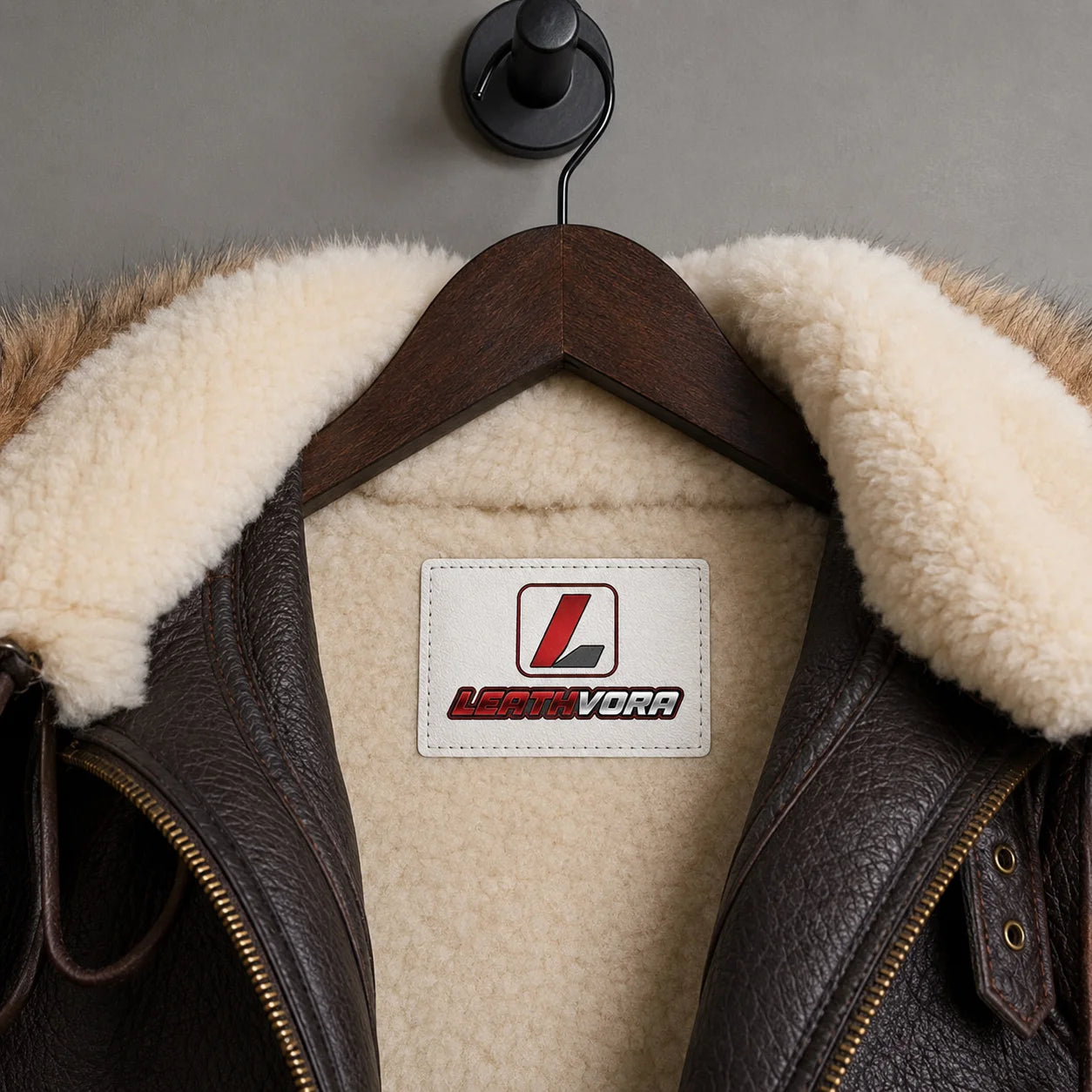 Close-up of cream shearling interior and collar on brown B3 bomber jacket with Leathvora branding patch visible.
