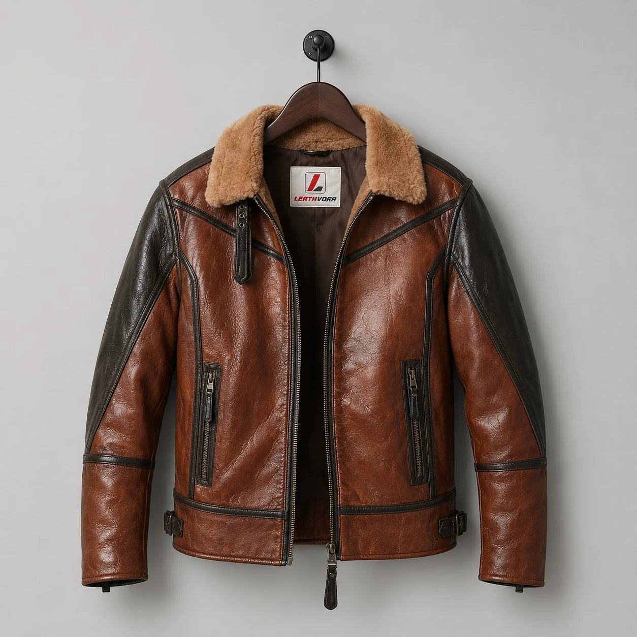 Hanging front view of brown B3 pilot jacket with tan fur collar, dark chest piping, zipped pockets and side buckles