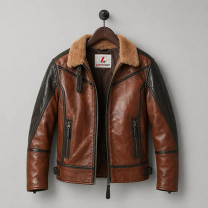 Hanging front view of brown B3 pilot jacket with tan fur collar, dark chest piping, zipped pockets and side buckles