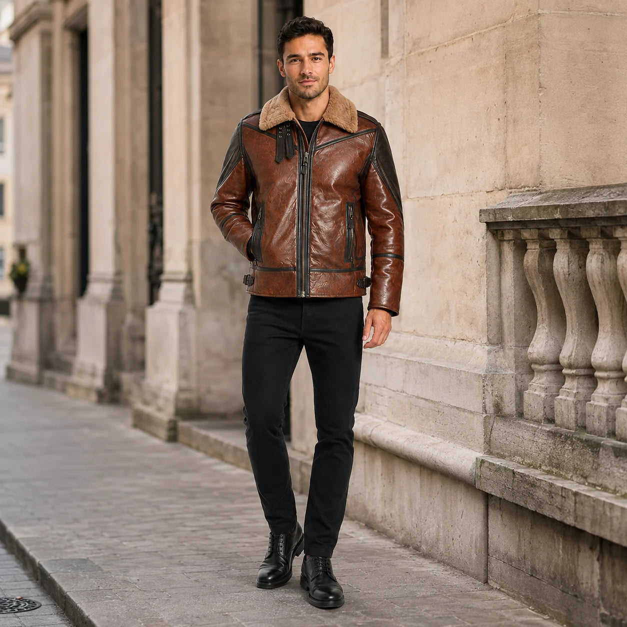 Outdoor lifestyle view of man wearing brown RAF-style leather jacket with black jeans and black leather boots