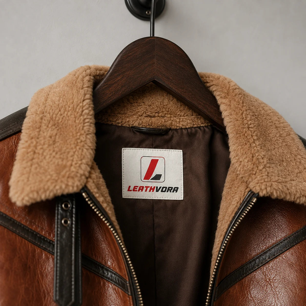 Close-up of tan fur collar, brown lining area, Leathvora neck label, dark leather trim and front zipper detail