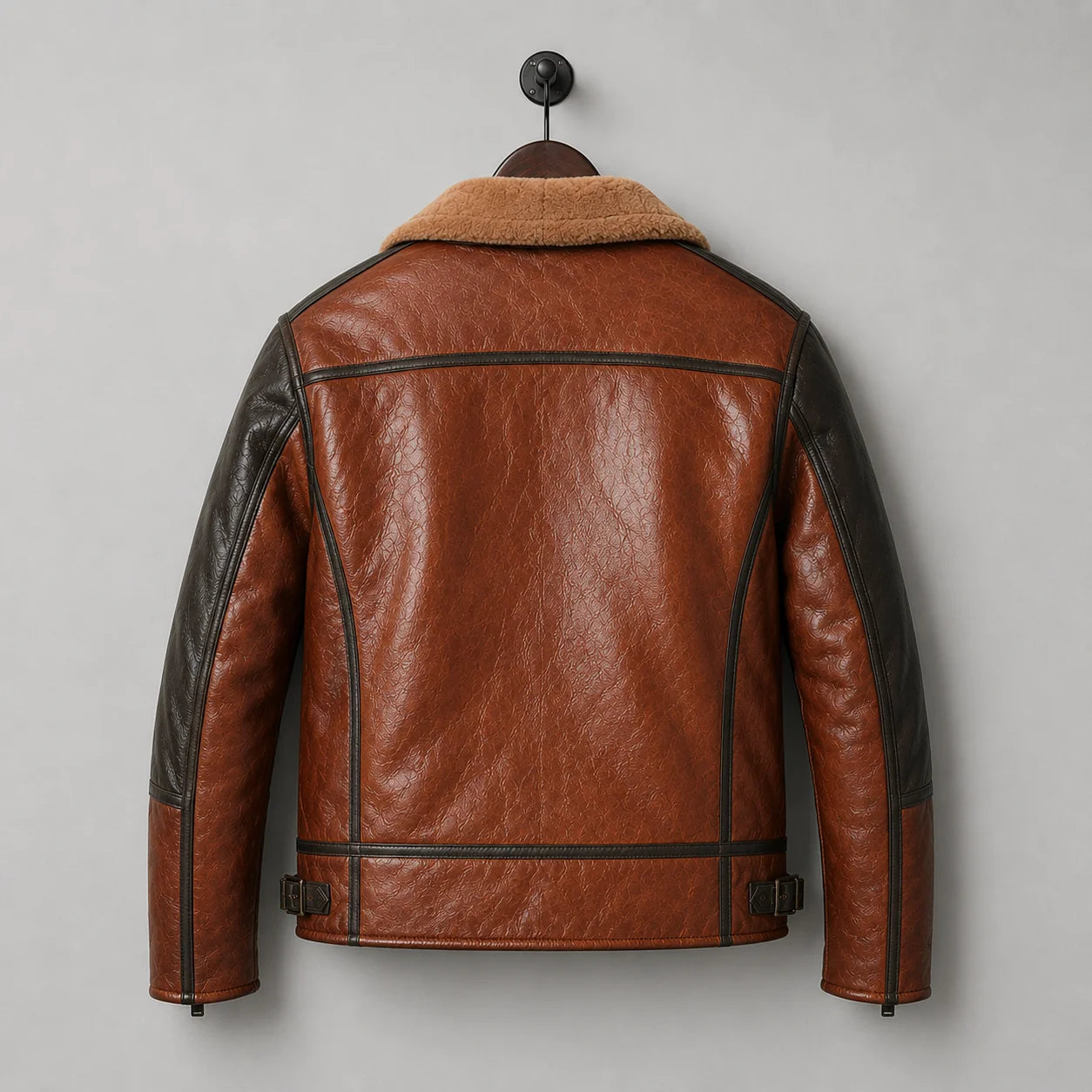 Hanging rear view highlighting brown textured leather, dark shoulder panels, back piping and side buckle details