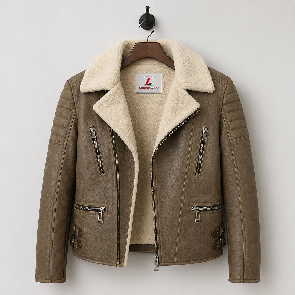 Hanging front view of brown shearling biker jacket showing cream lining, asymmetric zipper, zip pockets and side buckles.