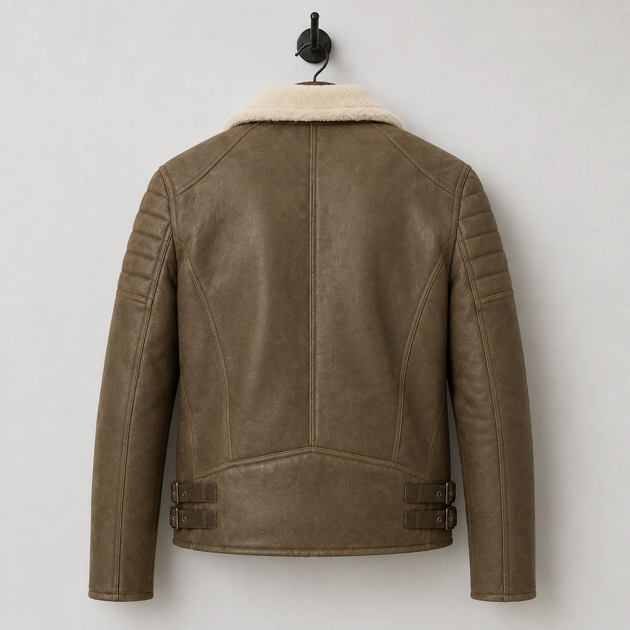 Hanging rear view highlighting light brown leather panels, quilted shoulders, cream collar and twin waist buckle tabs.