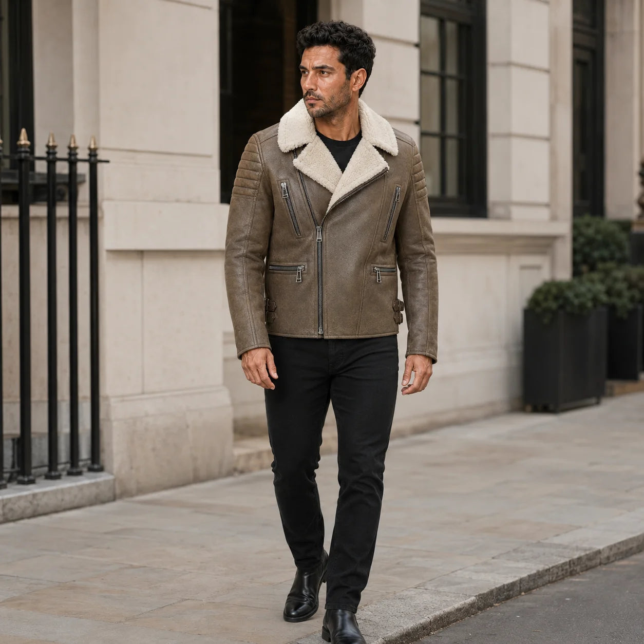Outdoor model styling a light sand brown shearling biker jacket with black jeans and boots in an urban setting.