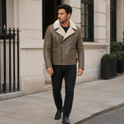 Outdoor model styling a light sand brown shearling biker jacket with black jeans and boots in an urban setting.