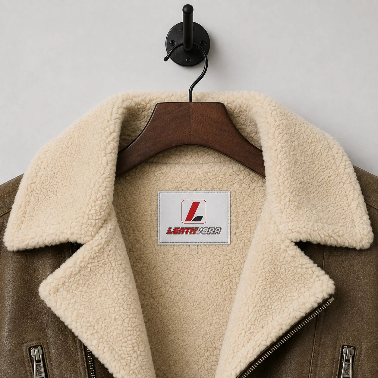 Close-up of cream shearling lining and lapel collar against textured light brown leather with Leathvora neck label.