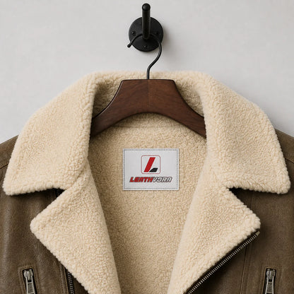 Close-up of cream shearling lining and lapel collar against textured light brown leather with Leathvora neck label.