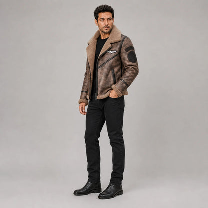 Three-quarter view of brown RAF-inspired aviator jacket with sleeve patches, chest badge and plush trim