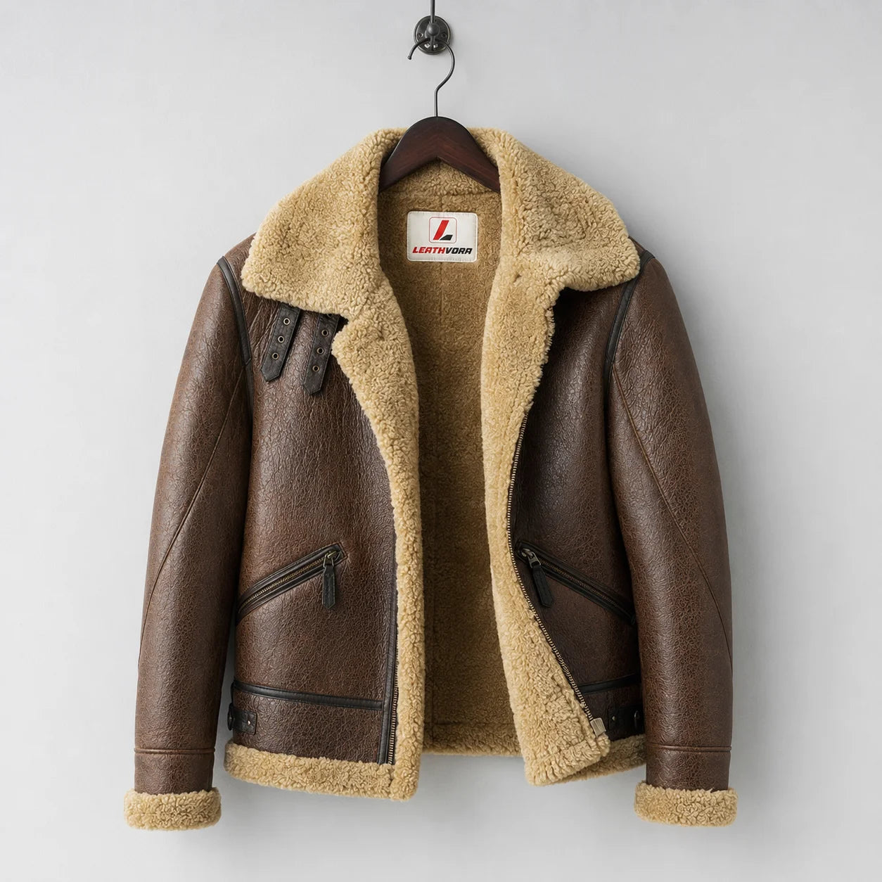 Hanging front view of brown sheepskin B3 jacket showing cream shearling interior, collar straps and zipped side pockets
