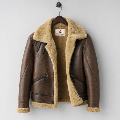 Hanging front view of brown sheepskin B3 jacket showing cream shearling interior, collar straps and zipped side pockets