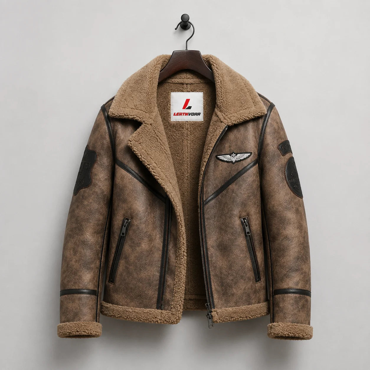 Hanging front view of brown sheepskin aviator jacket with plush lining, aviation patches and two zipped pockets