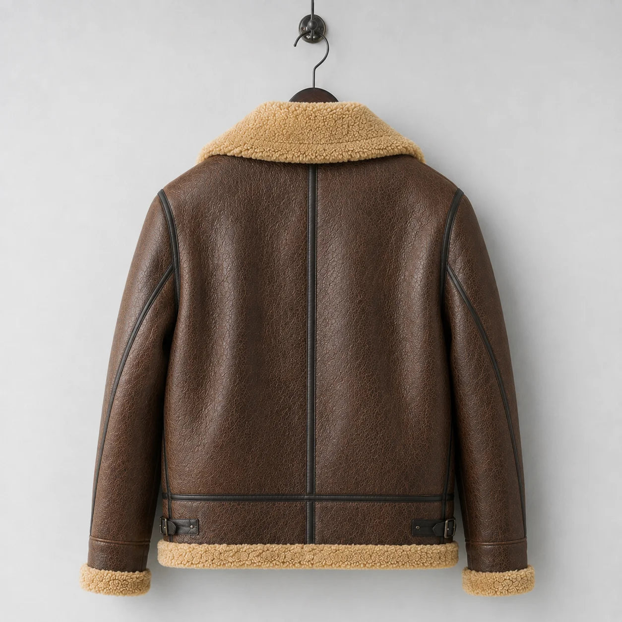 Hanging back view of brown B3 sheepskin jacket with cream collar and hem, centre seam and side buckle adjusters