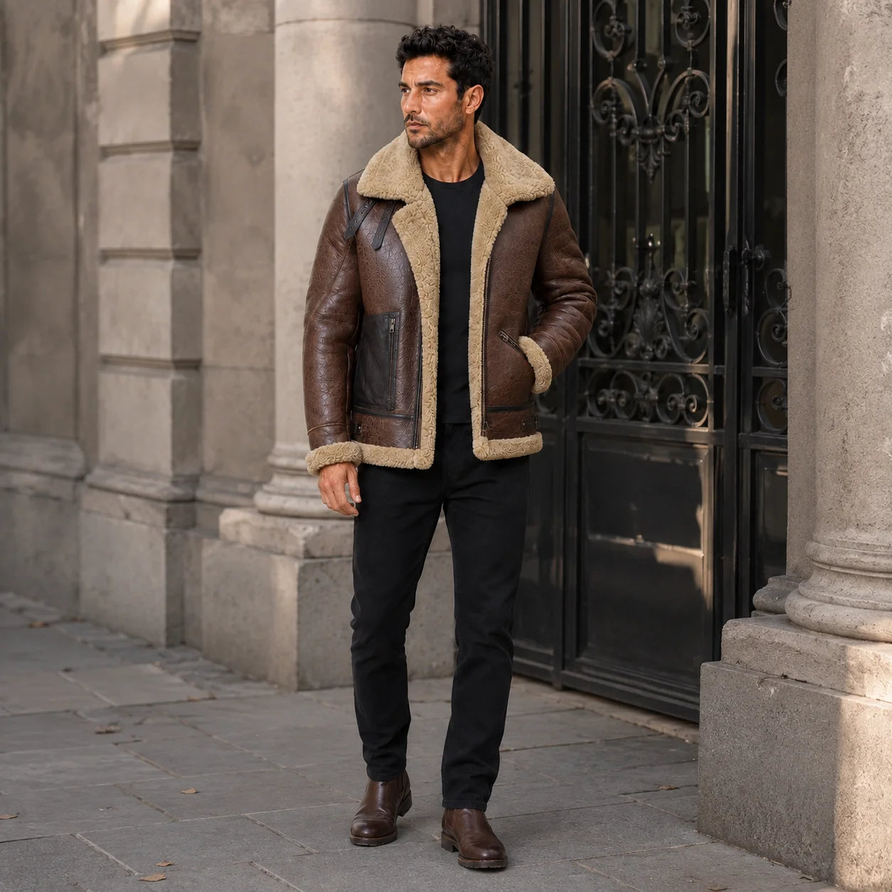 Brown B3 aviator jacket styled outdoors with black jeans and boots, showing shearling collar, zip pockets and straps