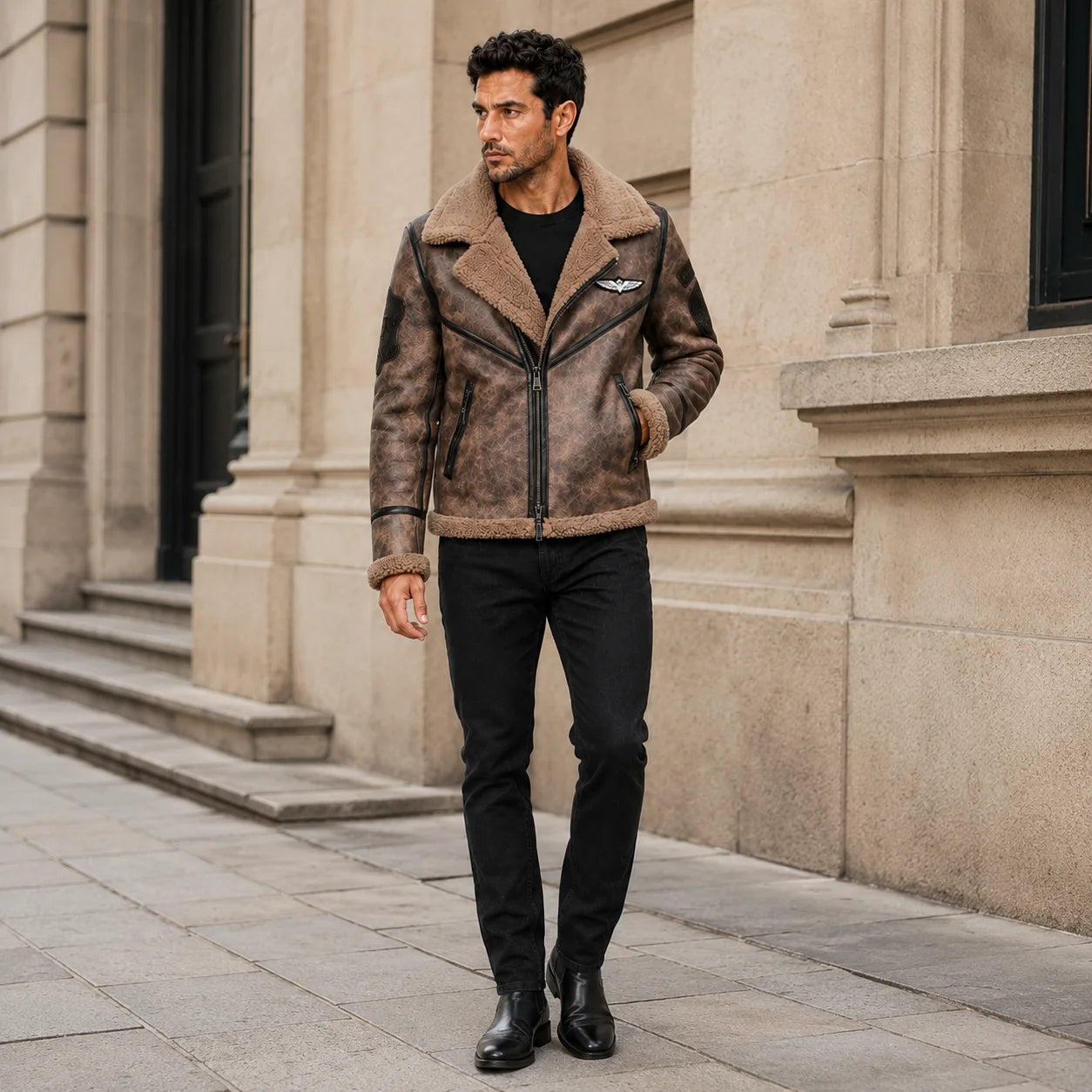 Man wearing distressed brown aviator flight jacket with patches and plush collar beside stone architecture
