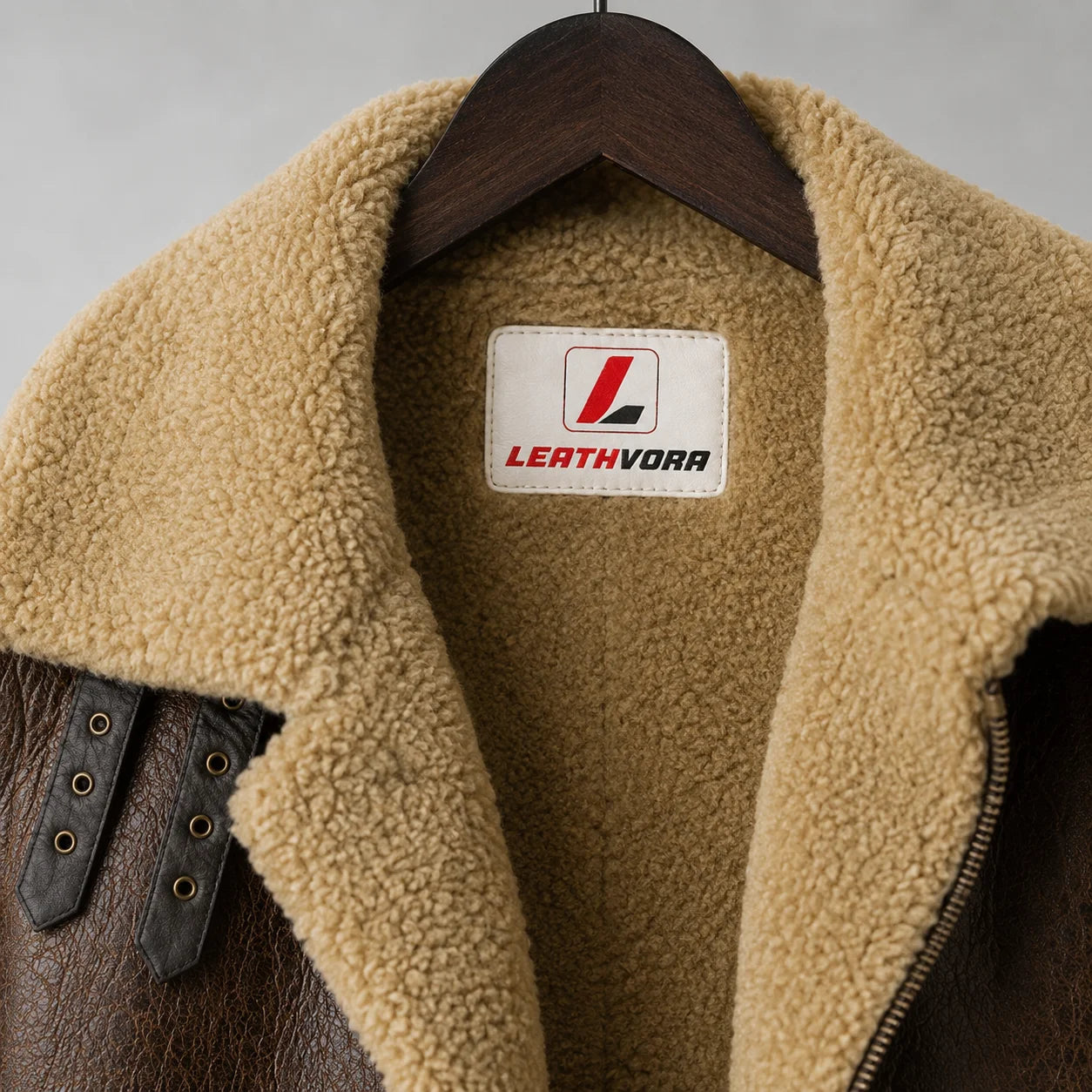 Close-up of cream shearling collar and lining, brown leather, collar straps, zipper and Leathvora inner neck branding