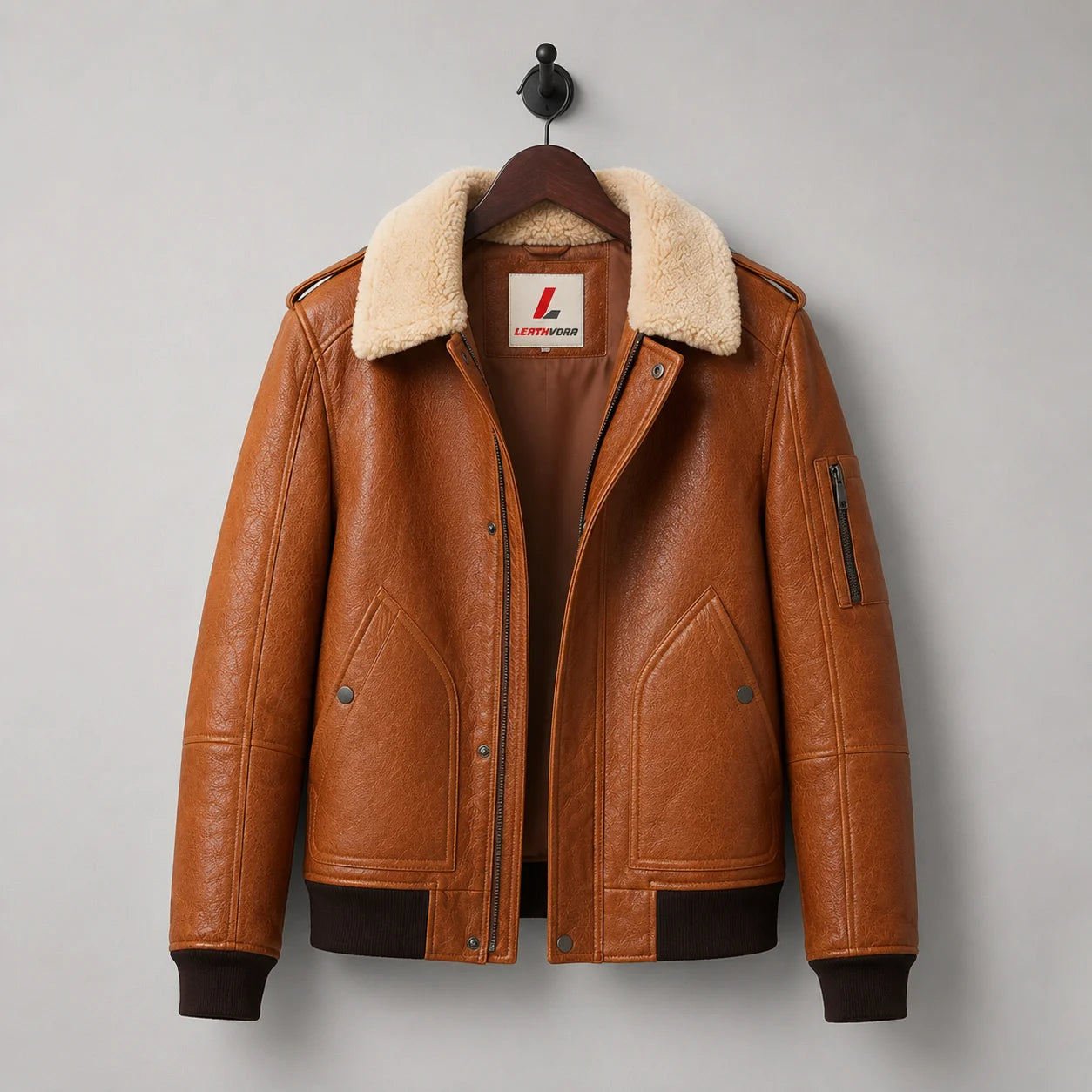 Hanging front view of camel brown sheepskin bomber showing cream collar, smooth lining, pockets and front closure