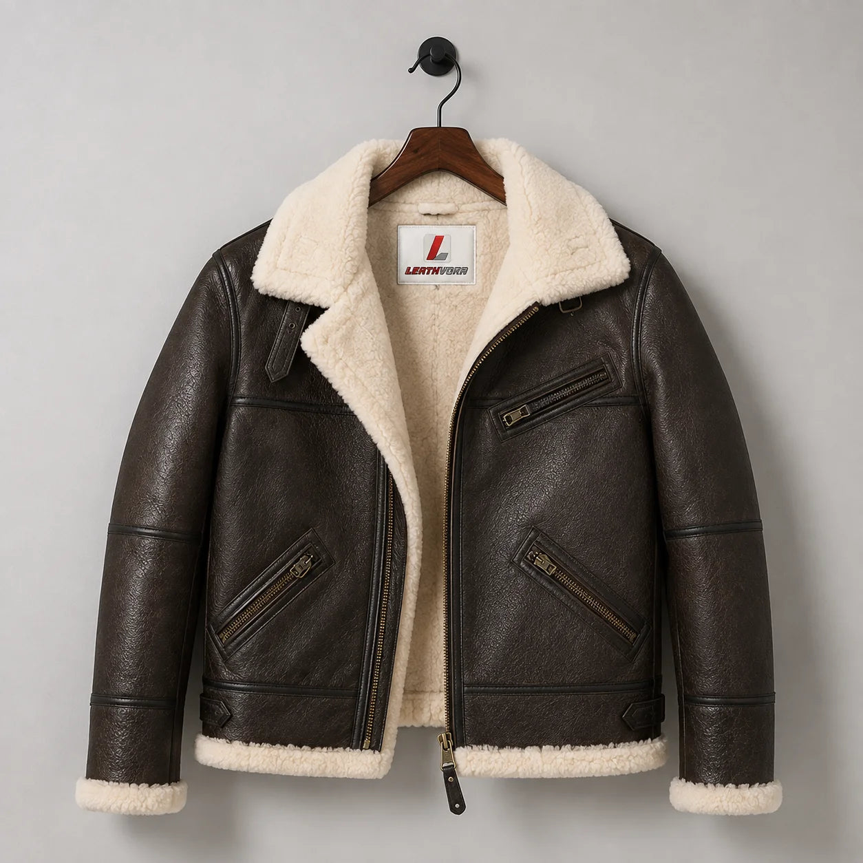 Hanging front view of brown B3 sheepskin bomber jacket showing cream lining, three zip pockets and side adjusters.