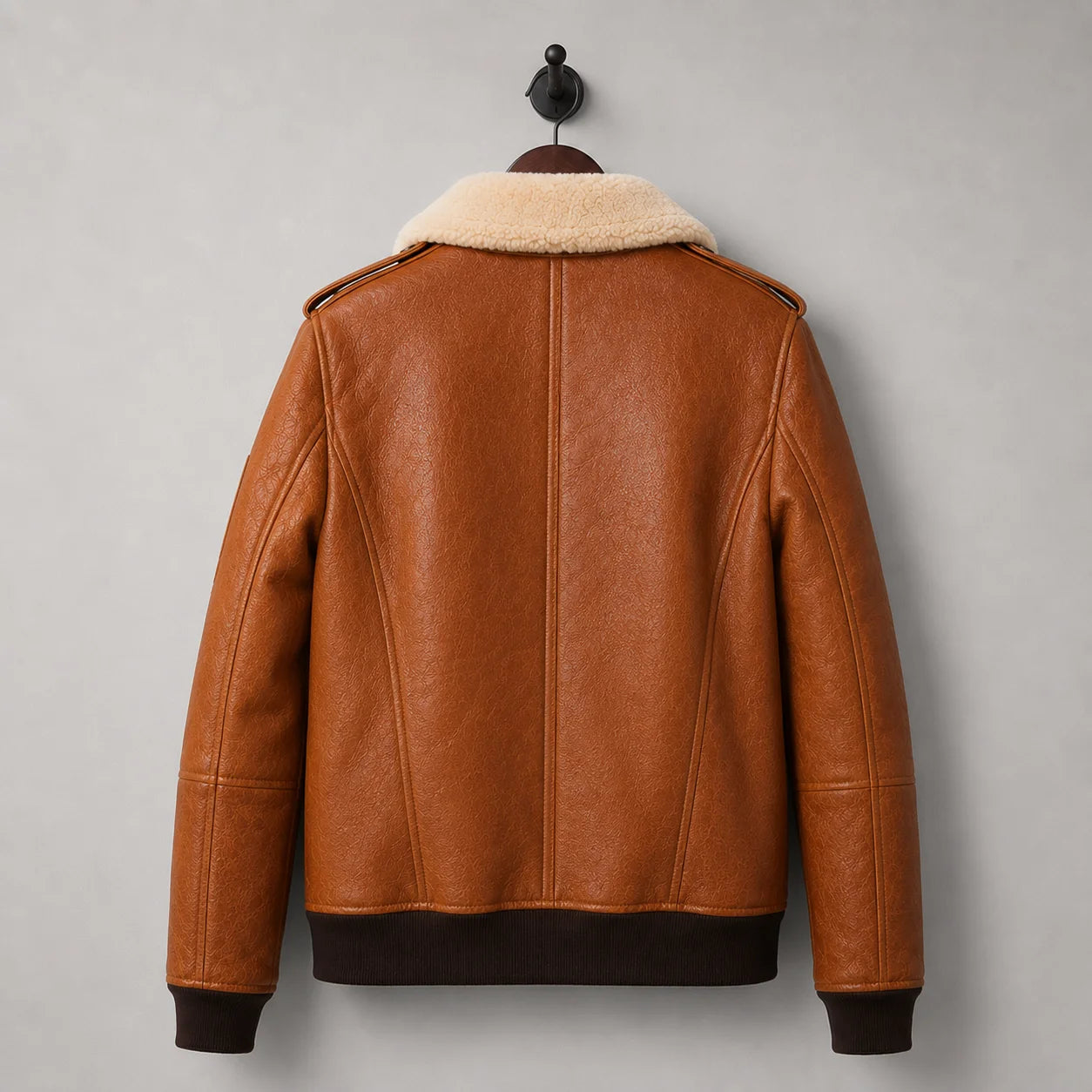 Hanging rear view of brown B3 bomber jacket with centre back seam, shoulder epaulettes and ribbed waistband