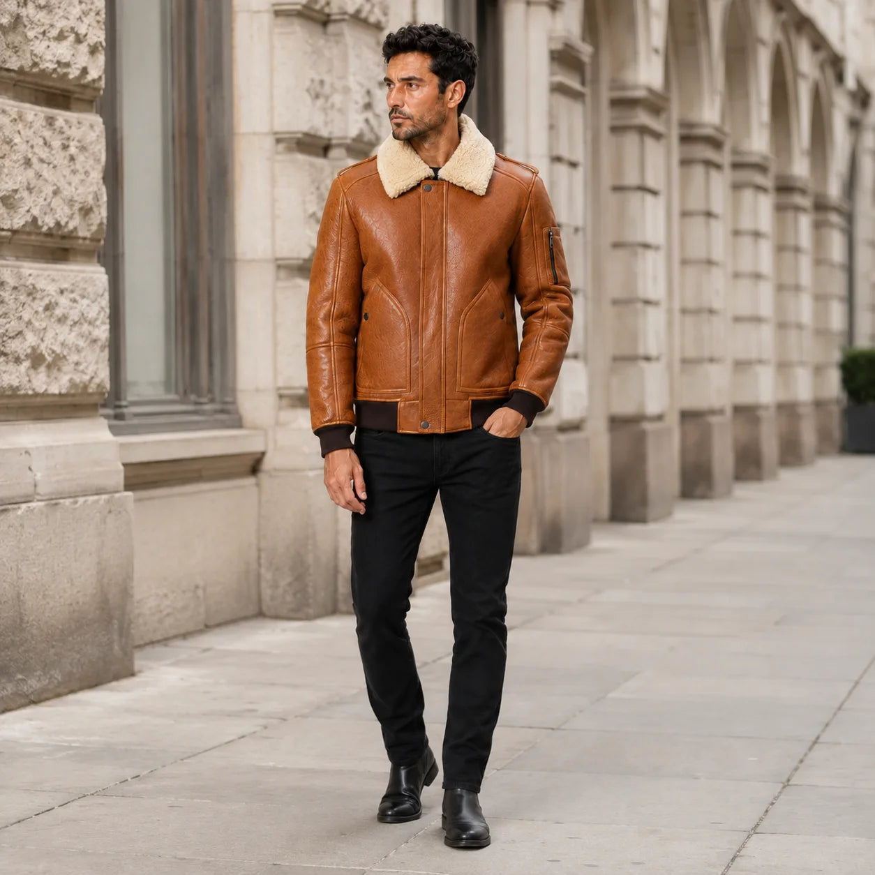 Men’s camel brown aviator bomber jacket styled outdoors with black jeans and boots in an urban setting