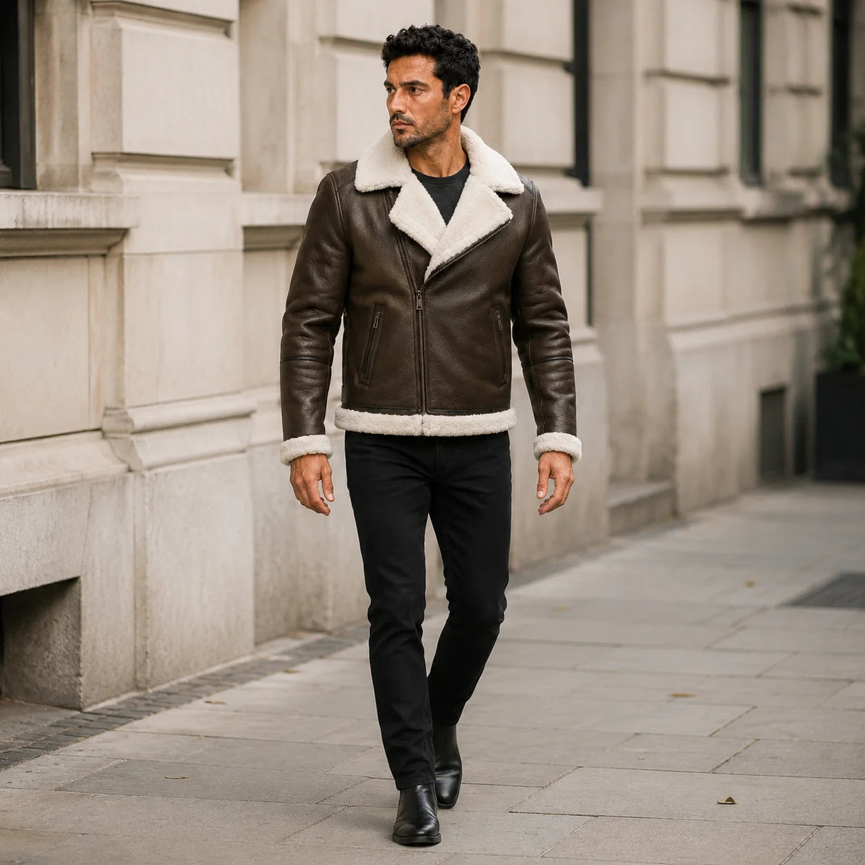 Outdoor lifestyle view of man wearing brown B3 shearling bomber jacket with black jeans and leather boots.