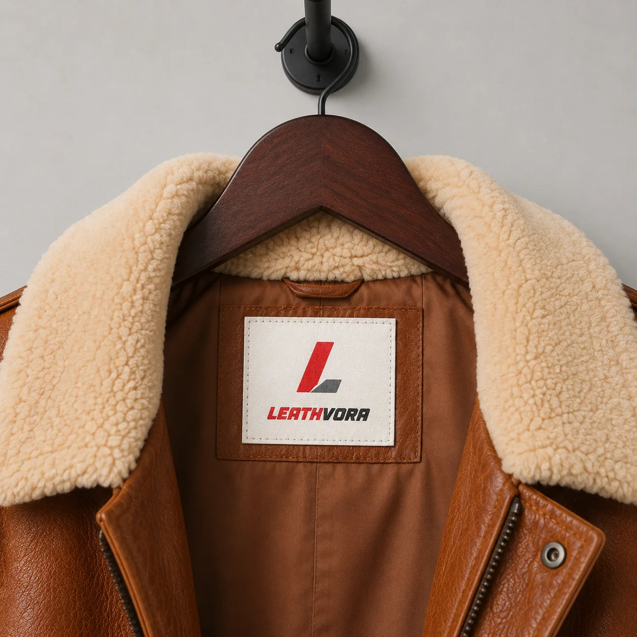 Close-up of cream textured collar, brown inner lining, leather grain and Leathvora branding on B3 bomber jacket