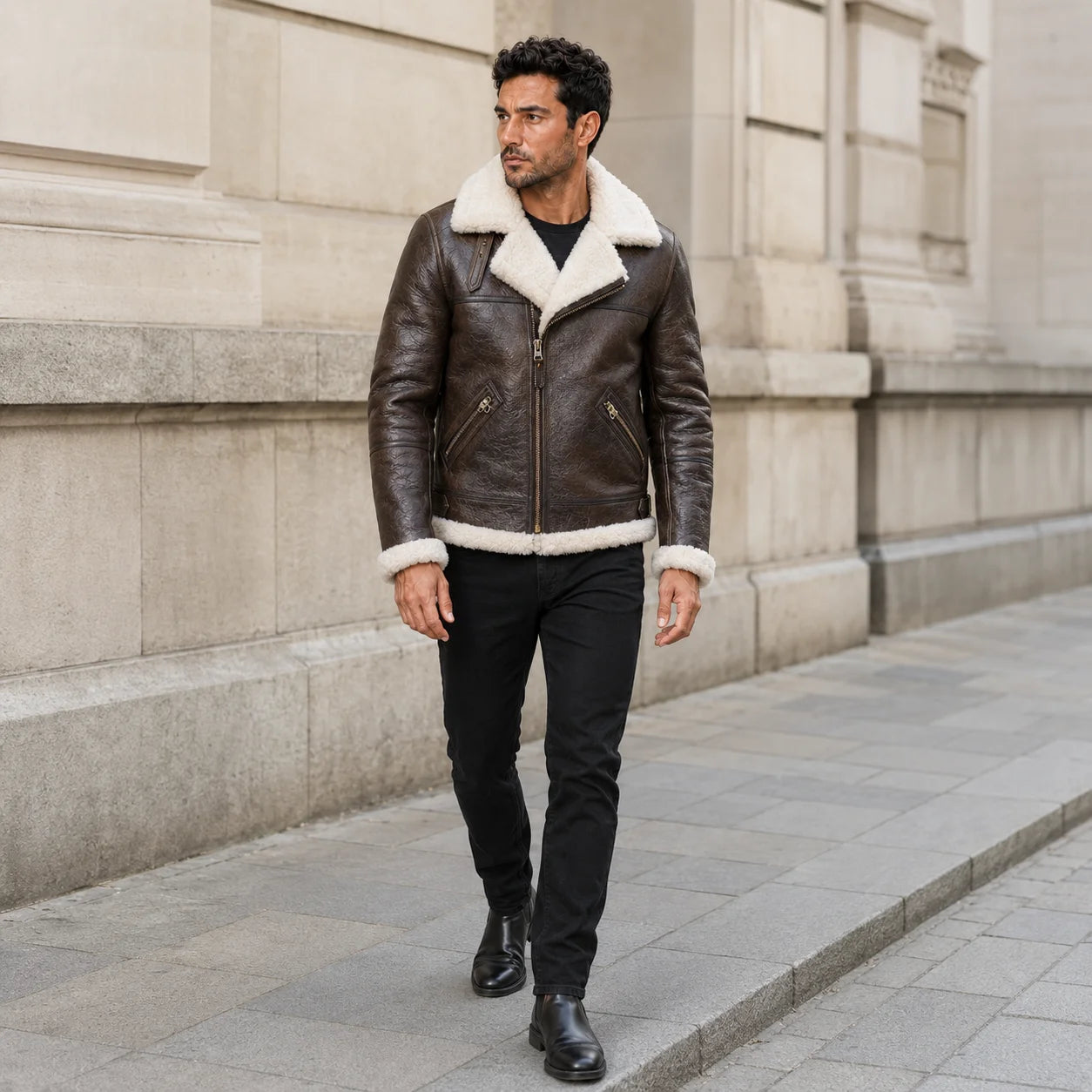 Street-style view of men’s brown sheepskin aviator jacket with cream shearling trim and zipped front pockets.
