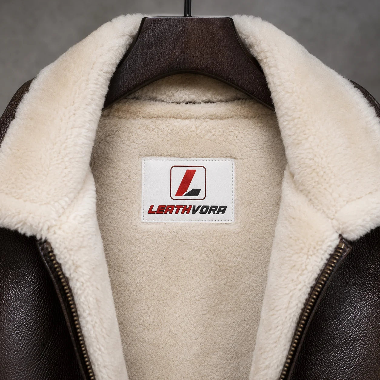 Close-up of cream shearling collar and lining inside brown B3 leather bomber jacket with Leathvora neck label.