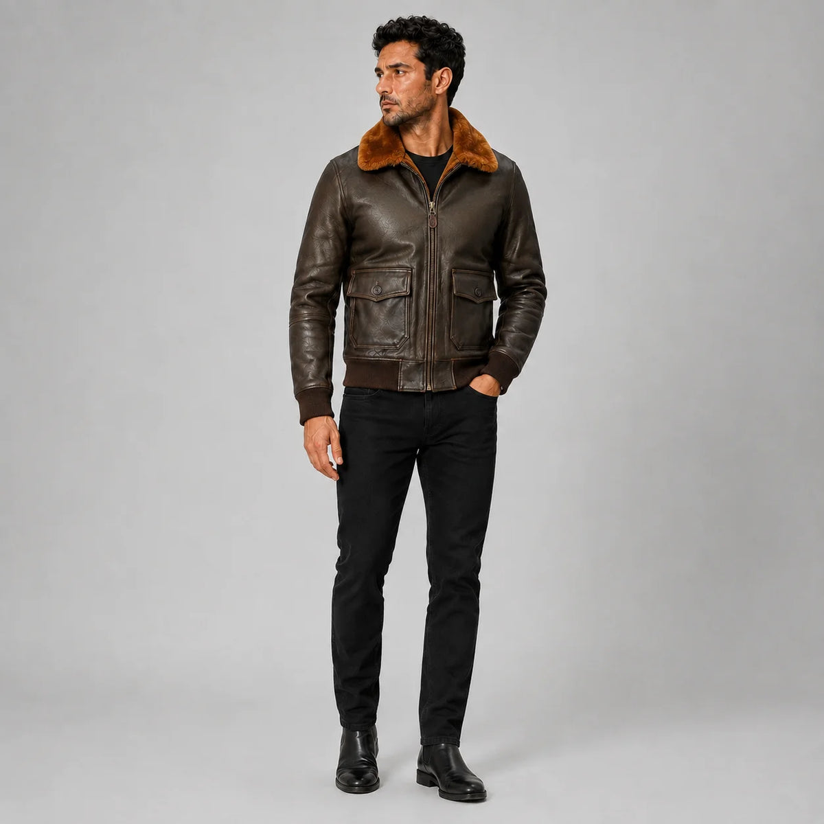 Full-length studio view of men’s brown G-1 style flight jacket with plush collar and button-flap pockets