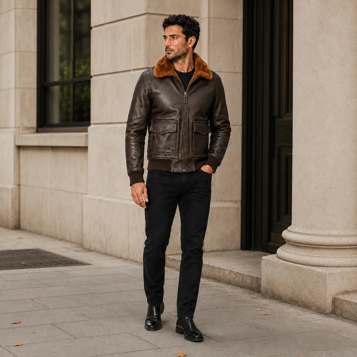 Man wearing dark brown leather flight jacket with contrast plush collar, flap pockets and ribbed trims outdoors
