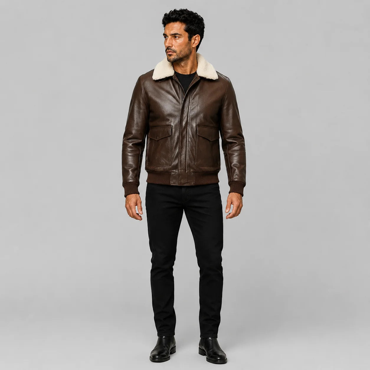 Full-length model wearing dark brown lambskin pilot bomber jacket with cream shearling collar and flap pockets.
