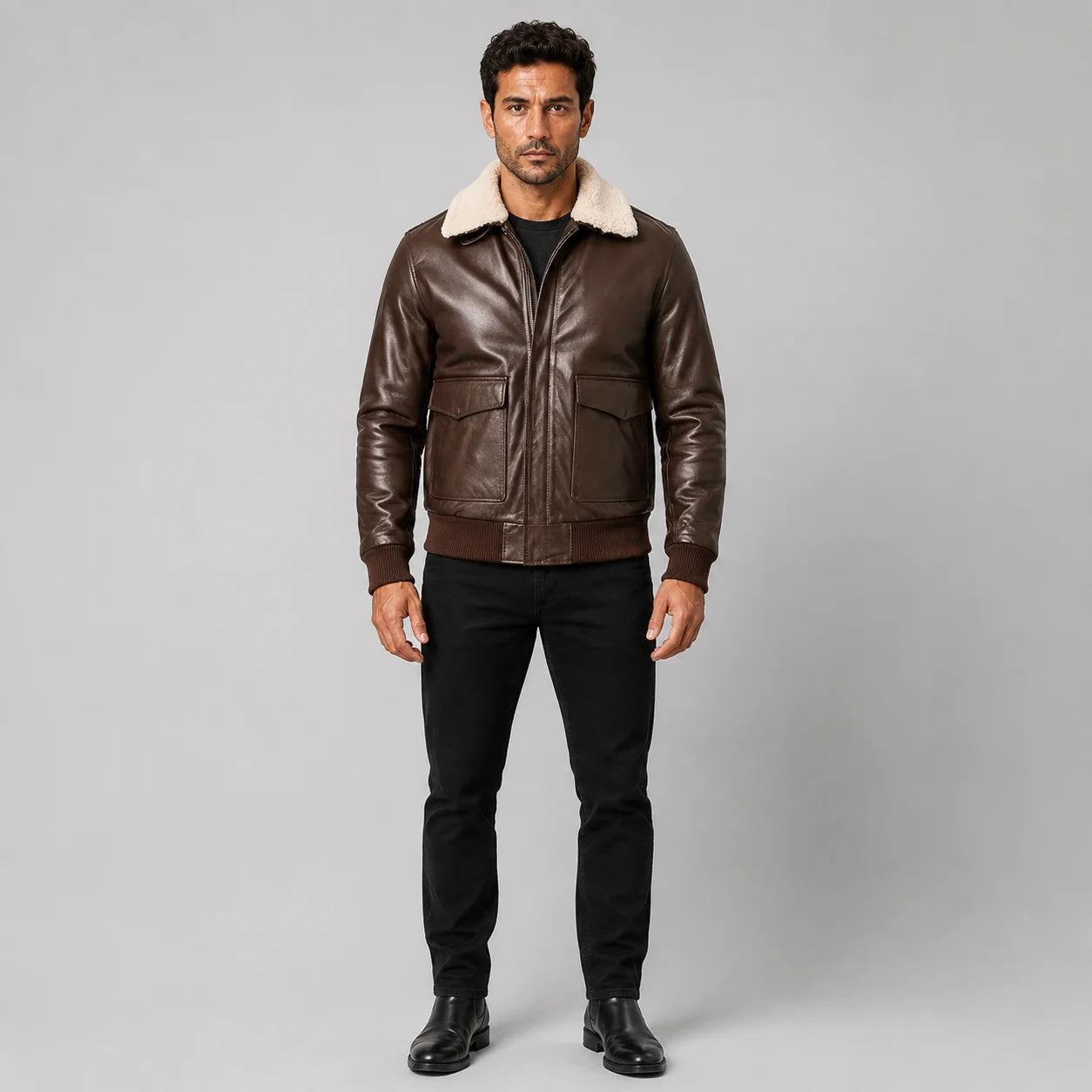Straight front view of men’s brown leather bomber jacket showing zip closure, shearling collar and ribbed hem.