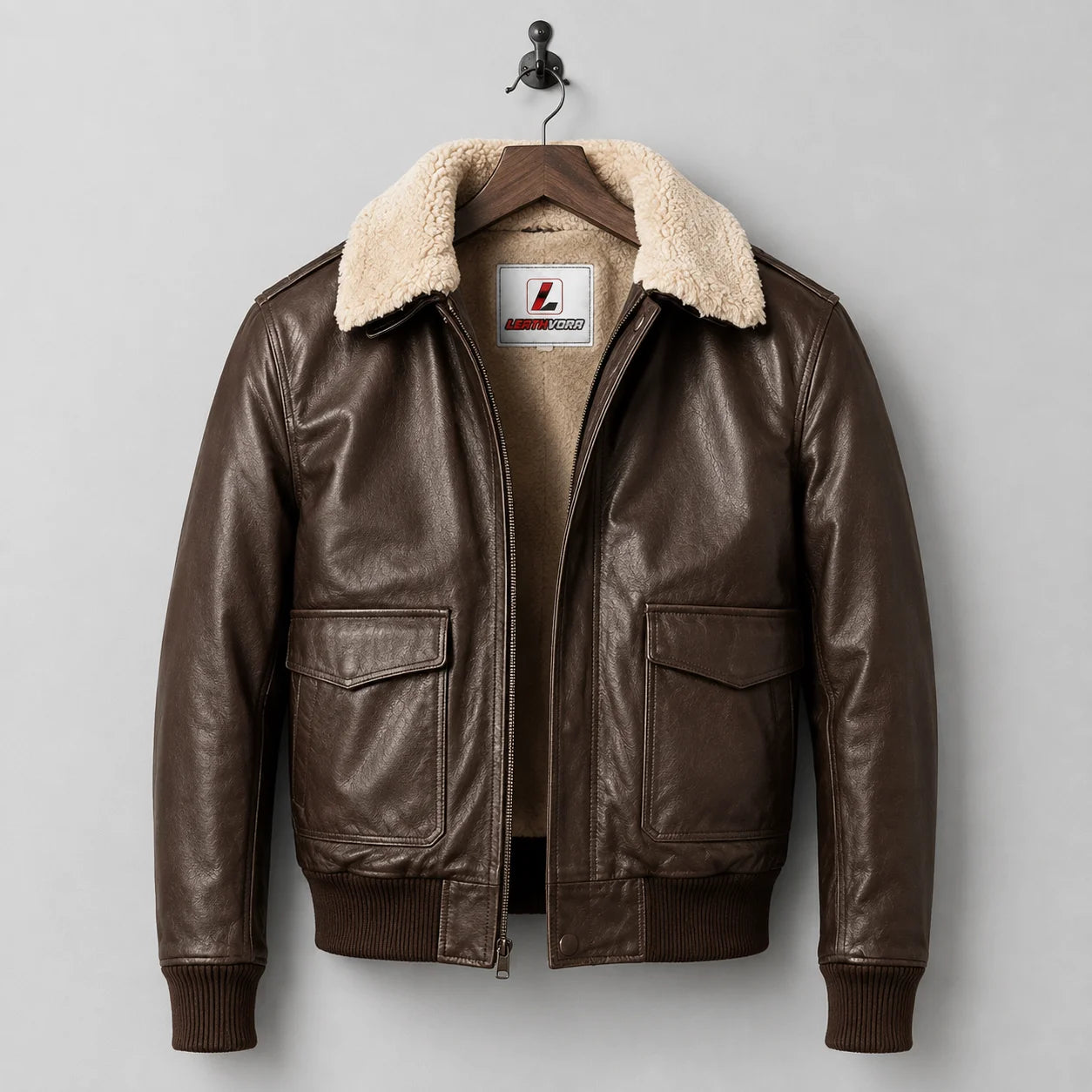 Hanging front view of brown pilot leather jacket showing shearling lining, front zip, flap pockets and ribbed cuffs.