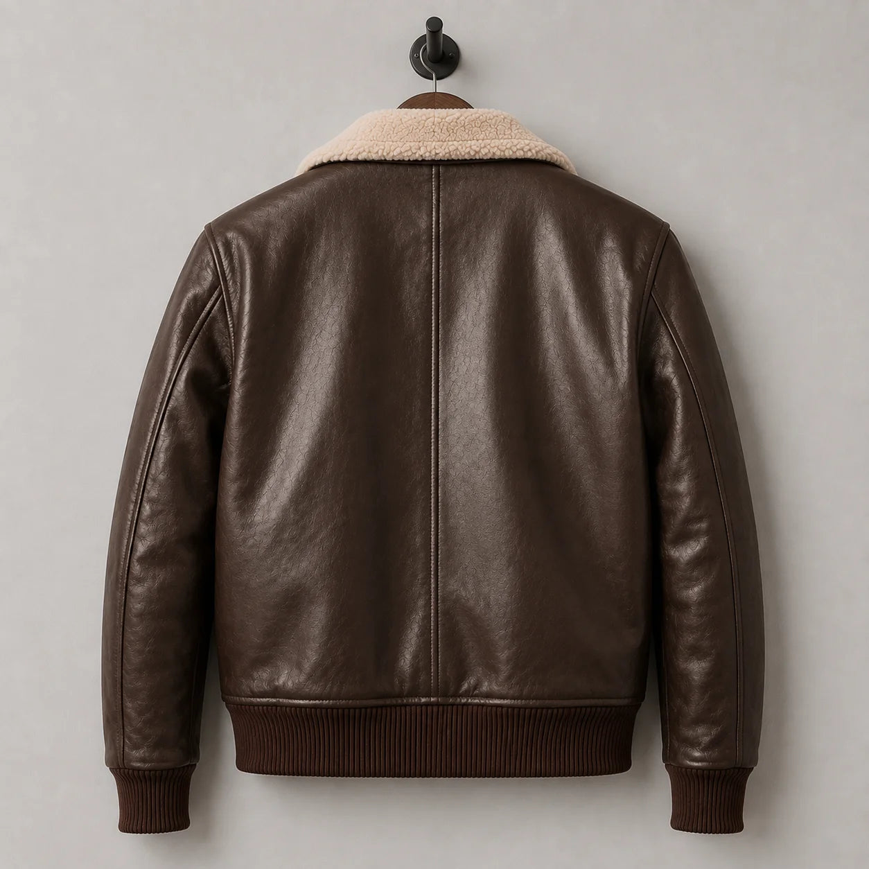 Hanging back view highlighting smooth dark brown leather panels, centre back seam and rib-knit bomber waistband.