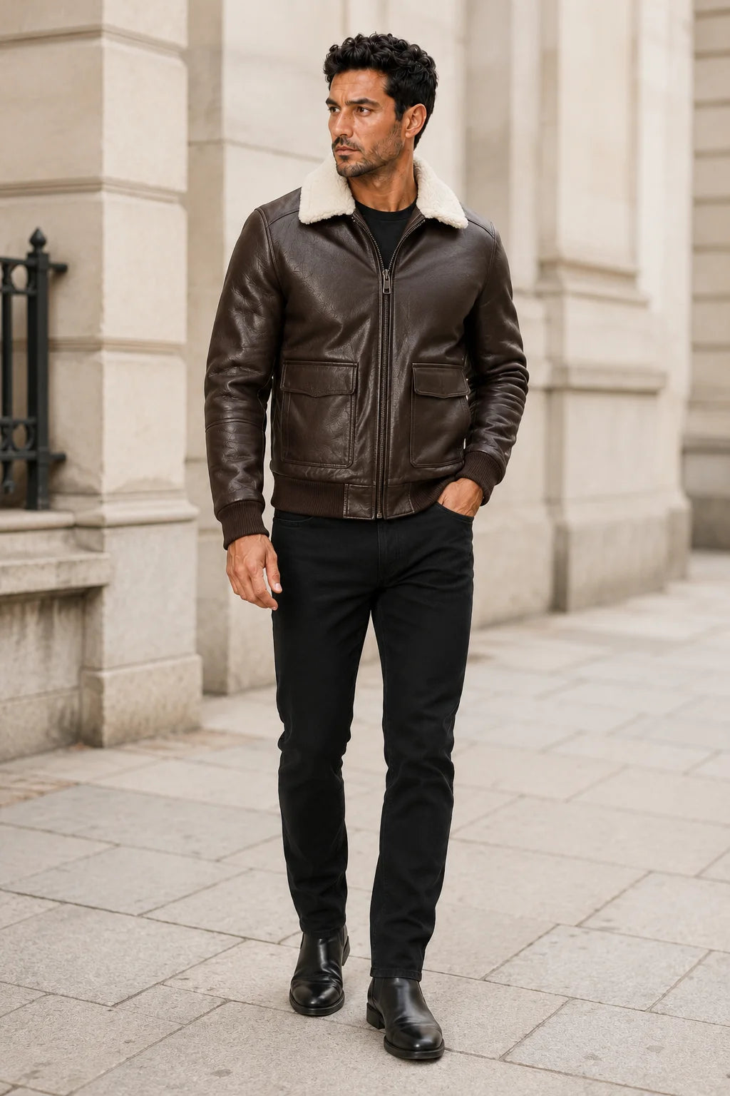 Outdoor lifestyle view of man styling a dark brown shearling-collar leather bomber with black jeans and boots.