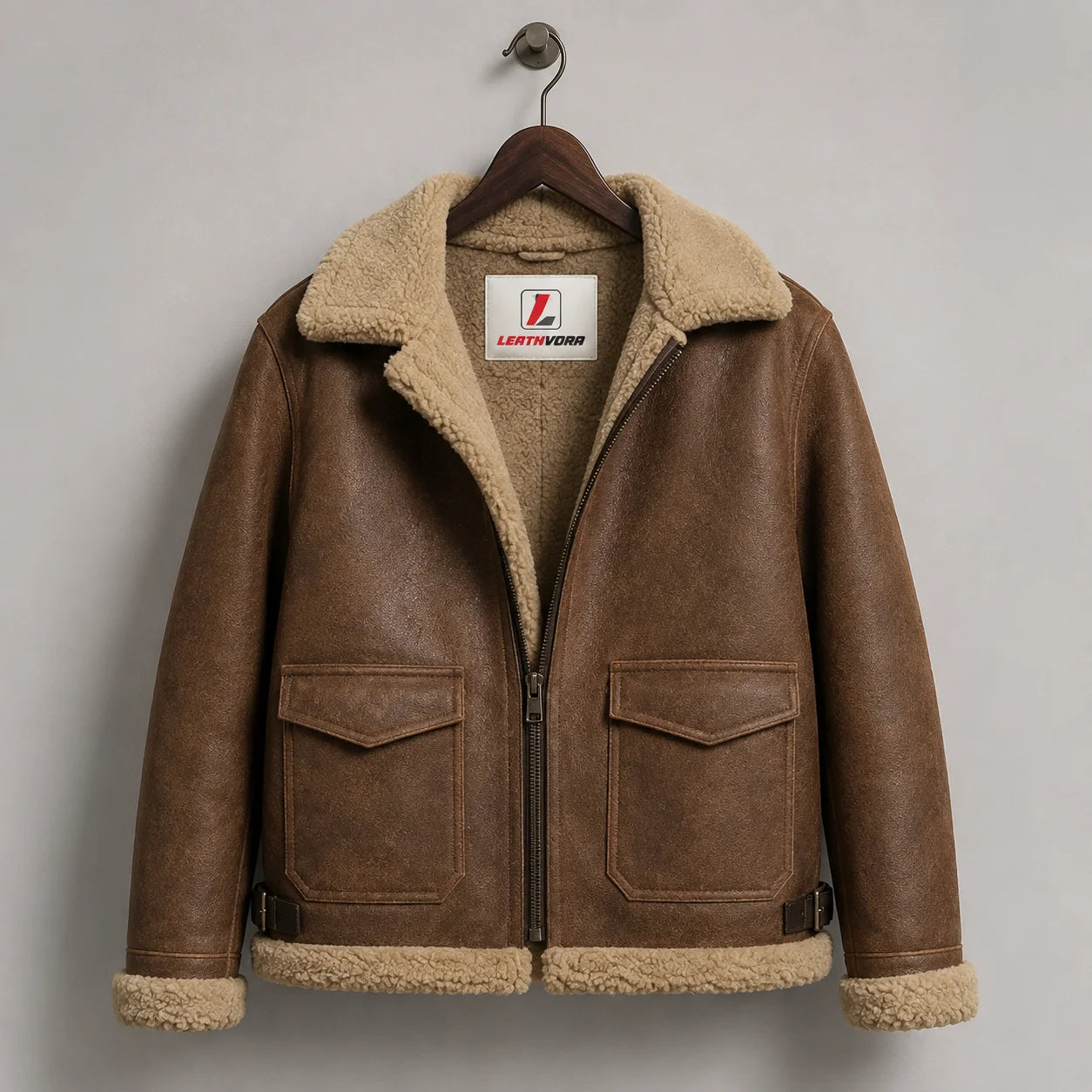 Hanging front view of the brown leather jacket with cream pile lining, two flap pockets, front zip and LEATHVORA label.