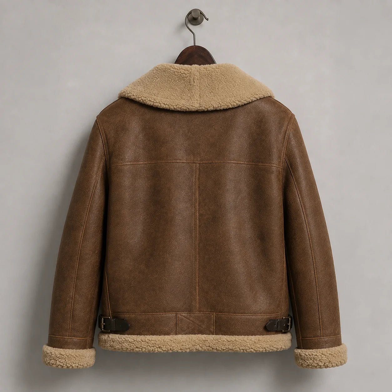 Hanging rear view of the brown jacket showing a structured yoke, centre back seam, side buckles and cream trim.
