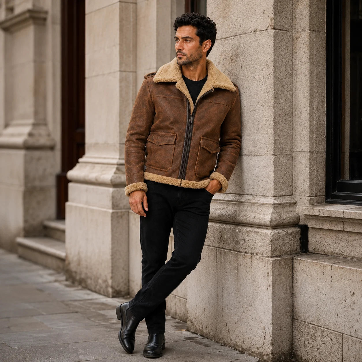 Lifestyle view of a man styling the brown leather aviator jacket with black jeans and boots beside a stone building.