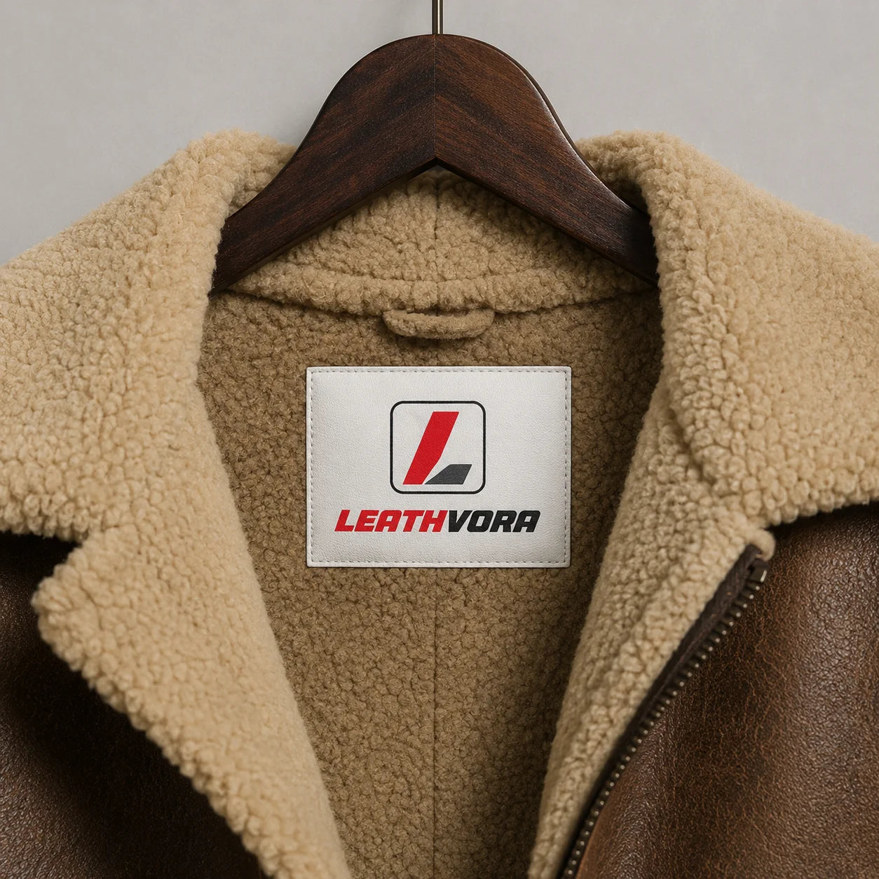 Close-up of the cream pile collar and lining with LEATHVORA neck label, wooden hanger and brown leather outer visible.