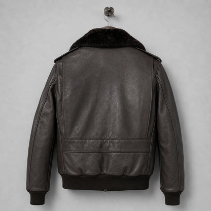 Back view of men’s dark brown leather flight jacket with plush collar, ribbed waistband and panelled bomber construction