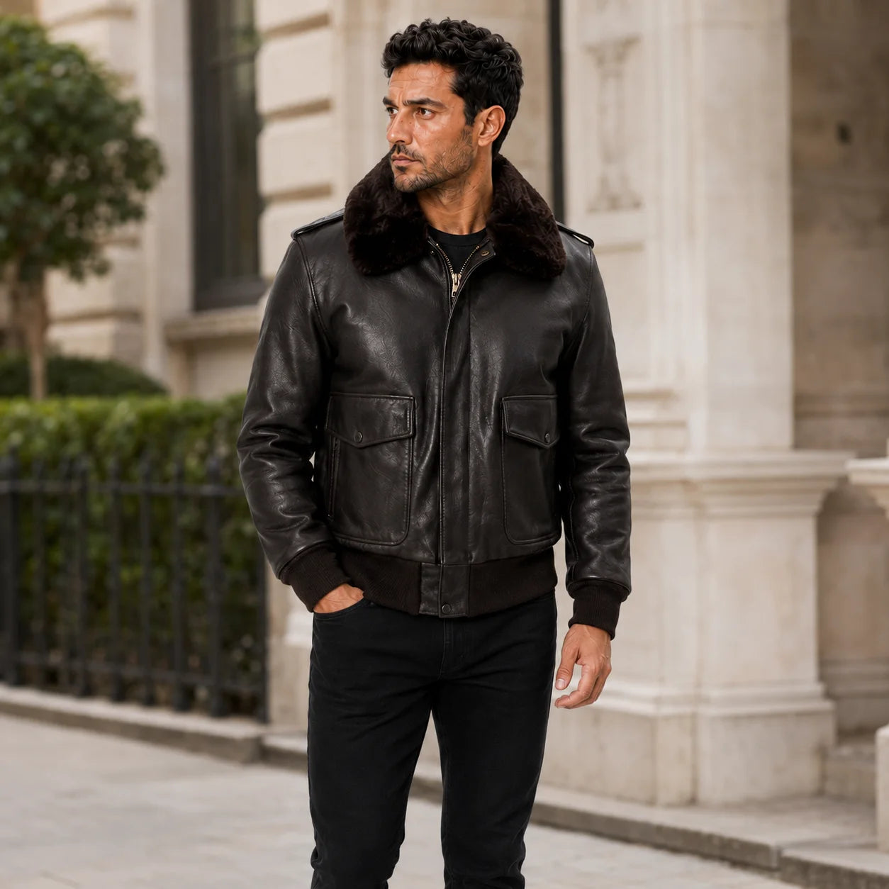 Man wearing brown leather aviator bomber jacket with dark fur collar, flap pockets and ribbed cuffs in an outdoor setting