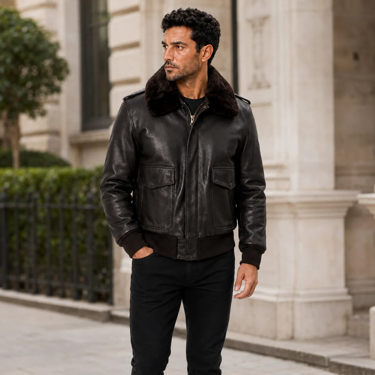 Man wearing brown leather aviator bomber jacket with dark fur collar, flap pockets and ribbed cuffs in an outdoor setting