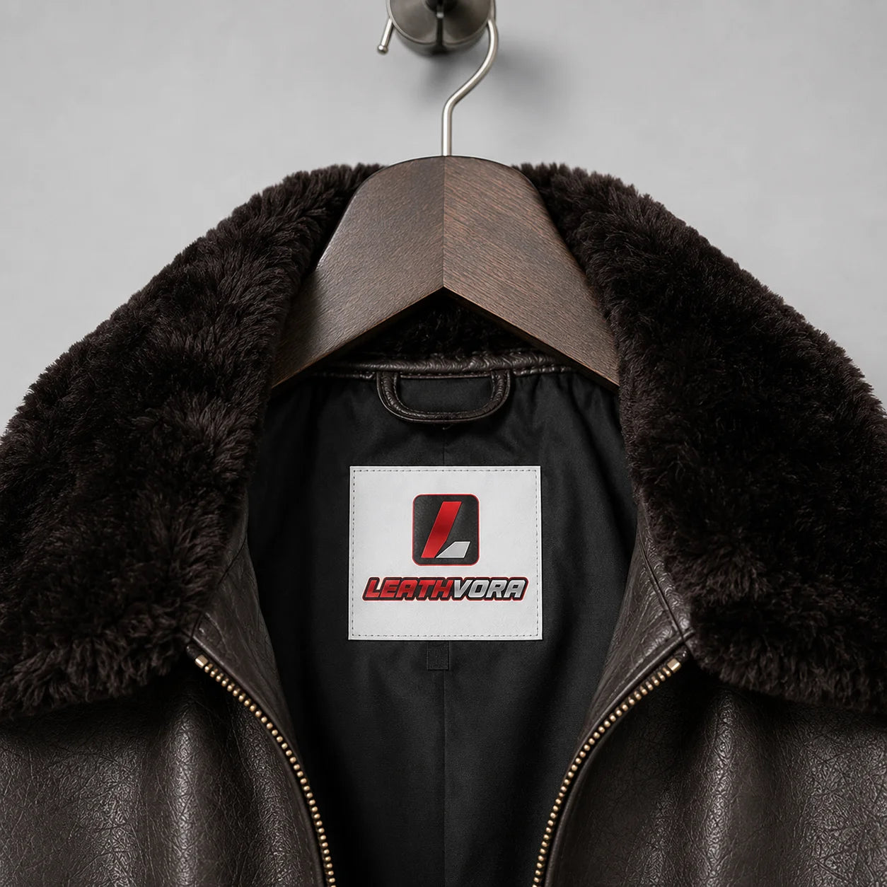 Close-up of dark plush collar, brown textured leather, black inner lining and Leathvora neck label on flight jacket