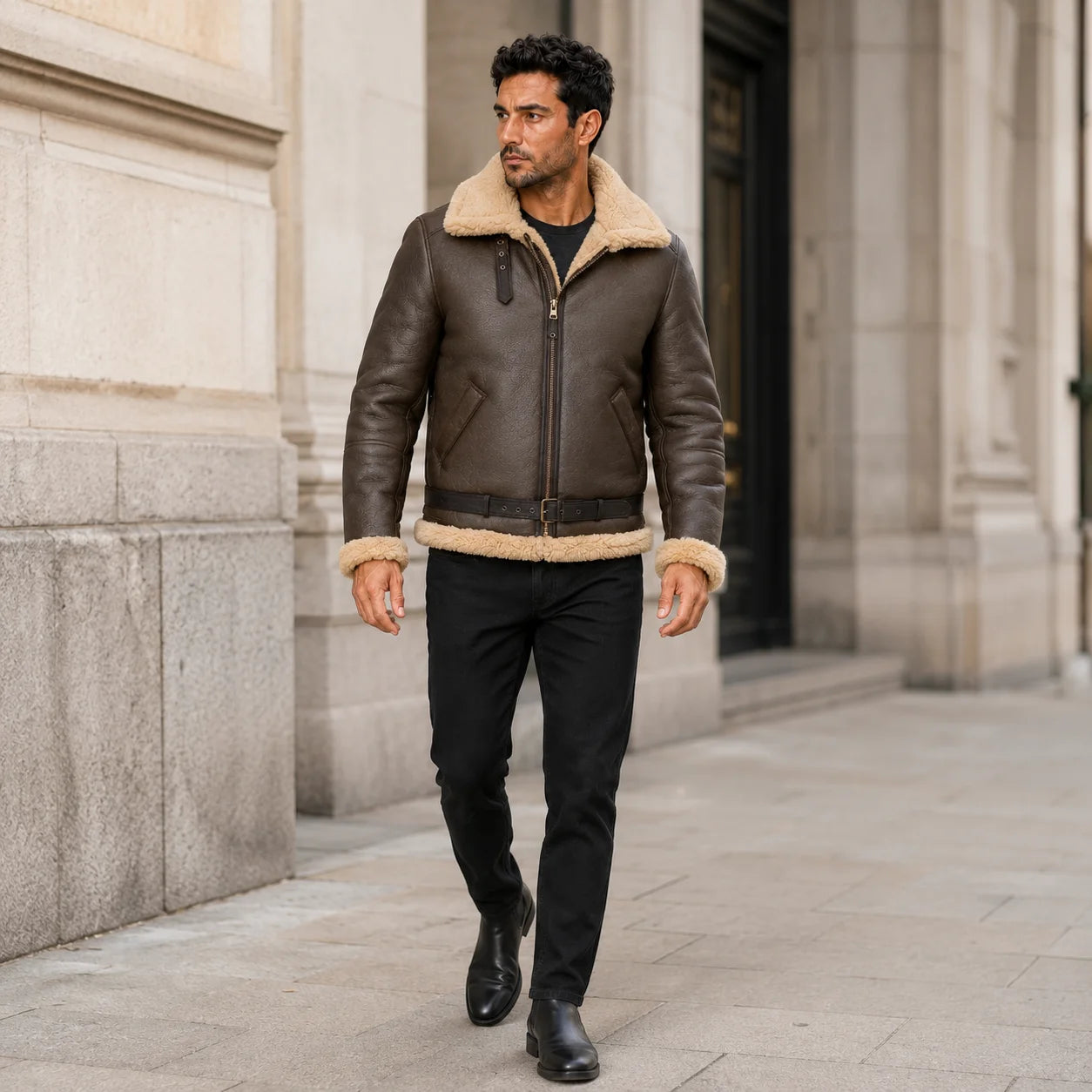 Outdoor lifestyle view of brown B3 sheepskin aviator jacket styled with black jeans and black leather boots.