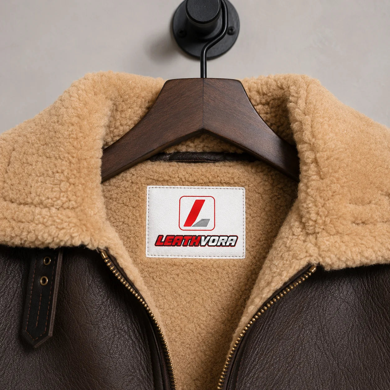 Close-up of tan pile collar and interior on brown RAF sheepskin jacket with front zipper and Leathvora branding patch.
