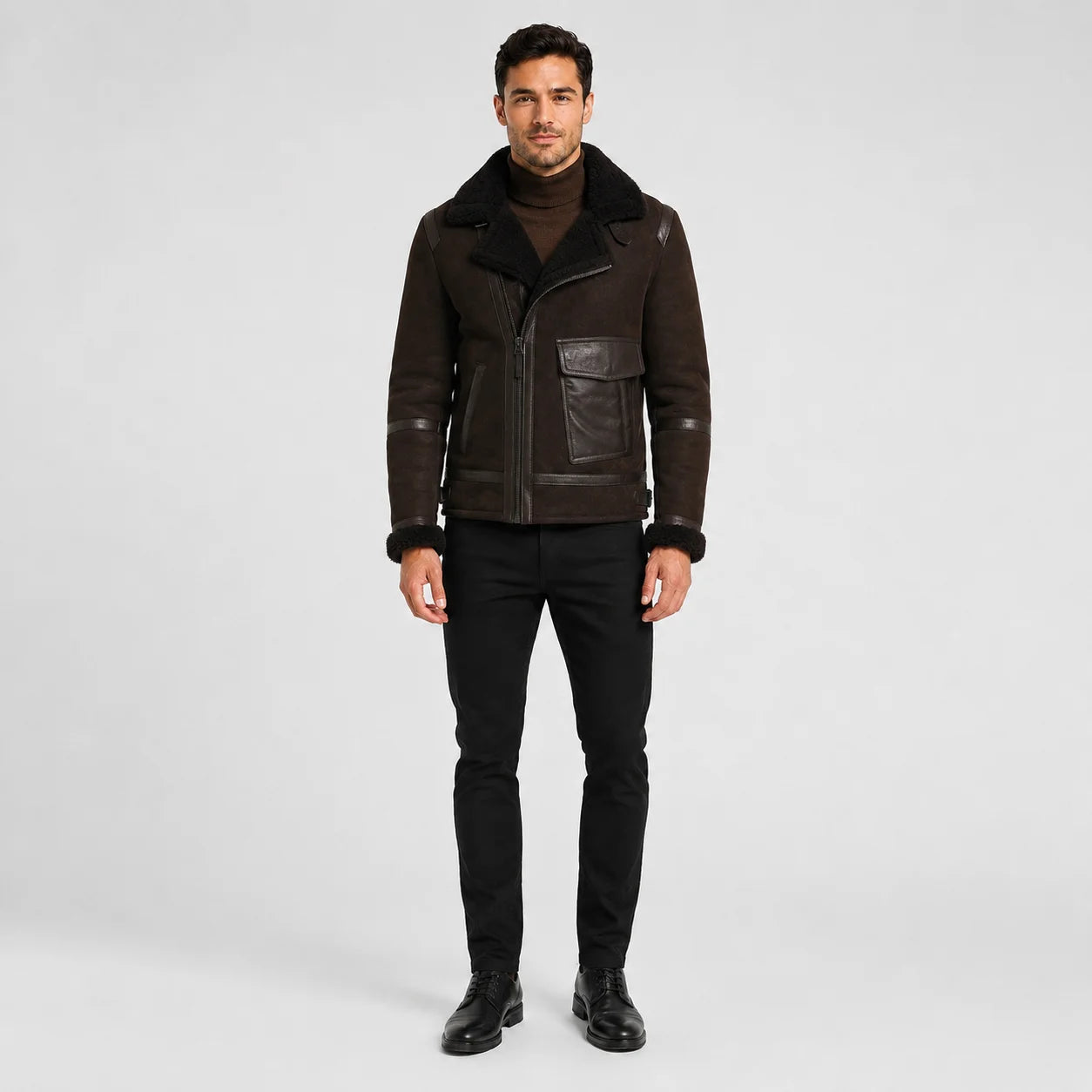 Full-length studio front view of dark brown men’s aviator jacket with asymmetric zip and plush dark collar