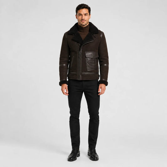 Full-length studio front view of dark brown men’s aviator jacket with asymmetric zip and plush dark collar