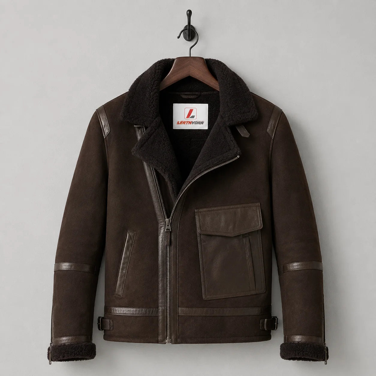 Hanging front view of brown aviator jacket with dark plush collar, asymmetric zipper and Leathvora neck label