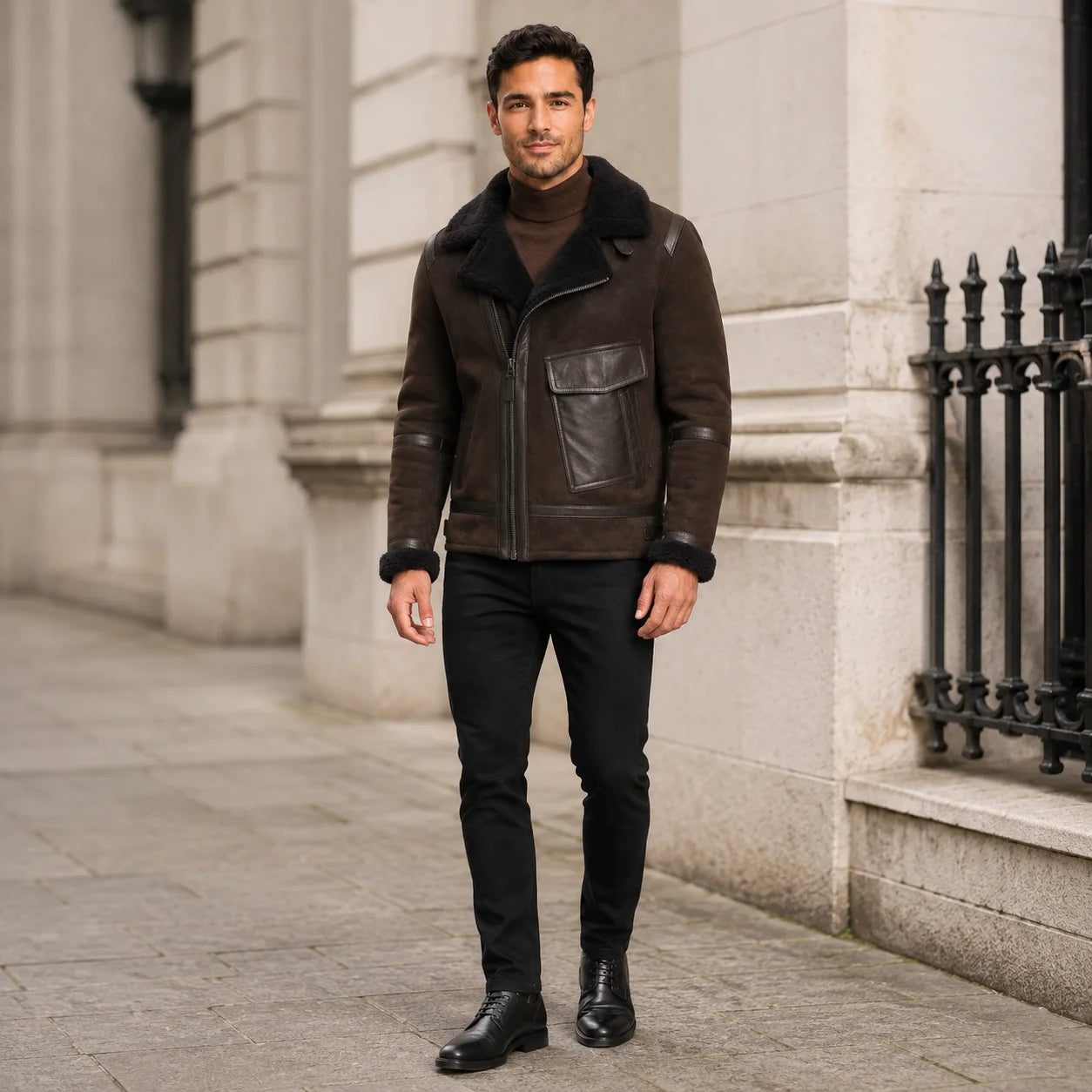 Men wearing a dark brown asymmetric aviator jacket with black trousers in an urban stone-building setting