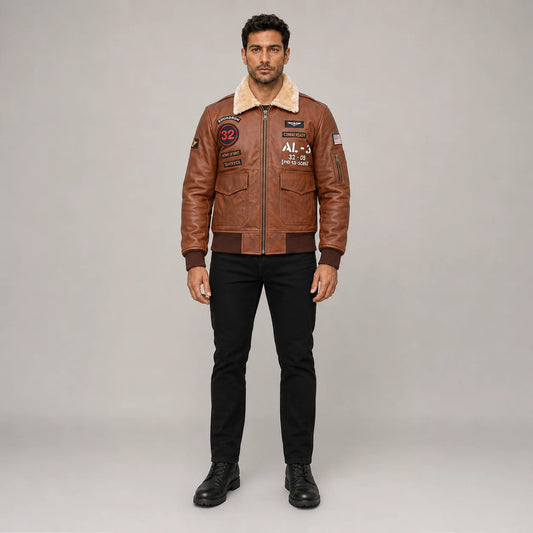 Front studio view of men’s brown aviator bomber jacket with cream collar, aviation patches, cargo pockets and ribbed hem